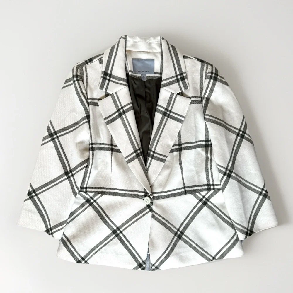 Classiques Entier Plaid Blazer Jacket L Peplum Hem Wool Blend Career Chic Office